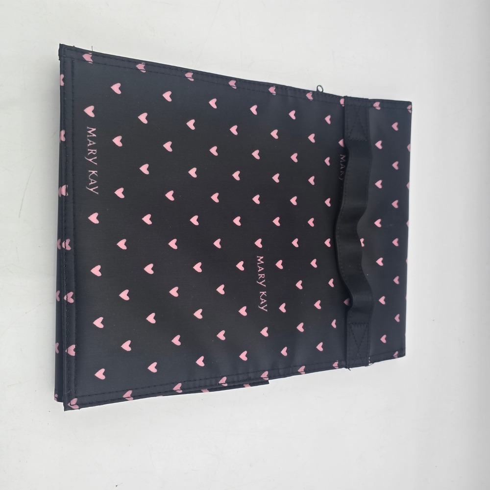 Mary Kay Black Pink Heart Print Roll Up Travel Cosmetic Bag Organizer 4 Pockets